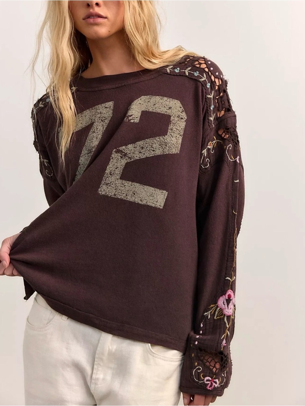 NWT Free People “we the free” Embroidered Brown Lilith Distressed '72' tee